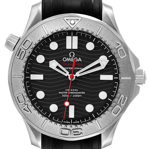 This image shows a frontal view of an Omega Seamaster 210.32.42.20.01.002 Men's Stainless Steel Black Dial 210.32.42.20.01.002 Men's Stainless Steel Black Dial watch with a black dial, silver bezel, and rubber strap.