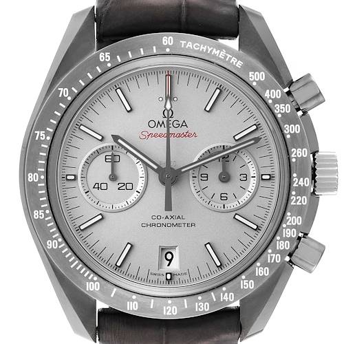 The image shows a front view of the Omega Speedmaster 311.93.44.51.99.001 Men's Ceramic Silver Dial 311.93.44.51.99.001 Men's Ceramic Silver Dial watch, highlighting its dial, chronograph subdials, and tachymeter bezel.