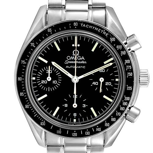 This image shows a frontal view of an Omega Speedmaster 3539.50.00 Men's Stainless Steel Black Dial 3539.50.00 Men's Stainless Steel Black Dial watch, highlighting the dial, tachymeter bezel, and stainless steel bracelet.