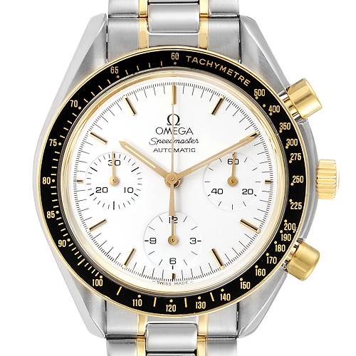This Omega Speedmaster 3310.20.00 Men's Steel and Gold (two tone) White Dial 3310.20.00 Men's Steel and Gold (two tone) White Dial watch is shown from a front view, displaying its face, bezel, and part of its bracelet.