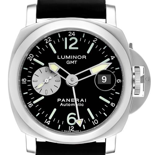The Panerai Luminor PAM00088 Men's Stainless Steel Black Dial PAM00088 Men's Stainless Steel Black Dial watch is shown from the front, highlighting the dial, GMT subdial, and crown guard.