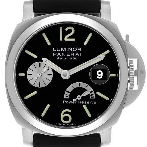 This Panerai Luminor PAM00125 Men's Stainless Steel Black Dial PAM00125 Men's Stainless Steel Black Dial model watch is shown from the front, highlighting its dial, crown guard, date, and power reserve indicator.