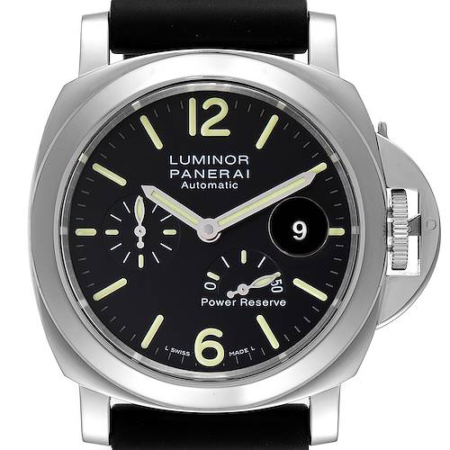 This image shows a front view of the Panerai Luminor PAM01090 Men's Stainless Steel Black Dial PAM01090 Men's Stainless Steel Black Dial model watch, highlighting its dial, case, and crown guard.