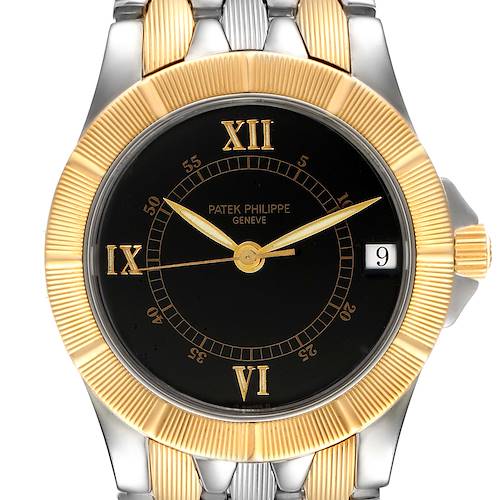 The image shows a frontal view of a Patek Philippe Neptune 5080/IJA Men's Steel and Gold (two tone) Black Dial 5080/IJA Men's Steel and Gold (two tone) Black Dial model watch, highlighting its two-tone bezel and black dial.