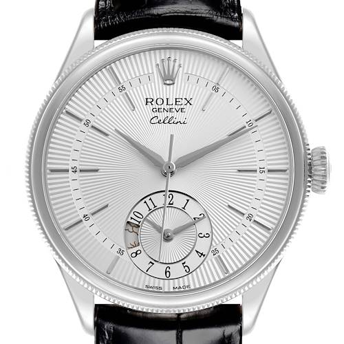 The image shows a front view of the Rolex Cellini 50529 Men's White Gold Silver Dial 50529 Men's White Gold Silver Dial watch, highlighting the dial, hands, and bezel with a leather strap.