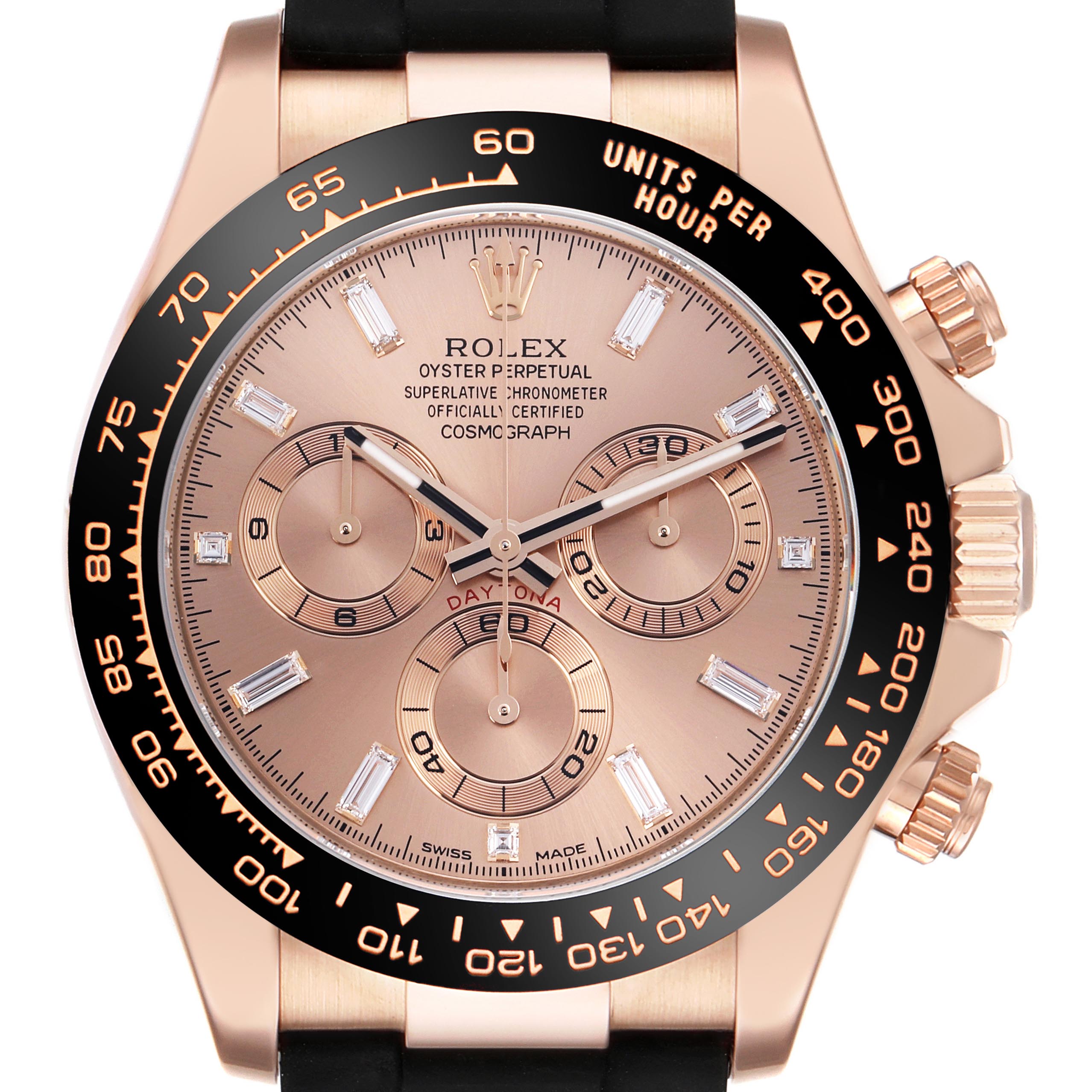 The Rolex Daytona 116515LN Men's Rose Gold Pink Dial 116515LN Men's Rose Gold Pink Dial watch is shown from a front angle, highlighting the face, bezel, and crown.