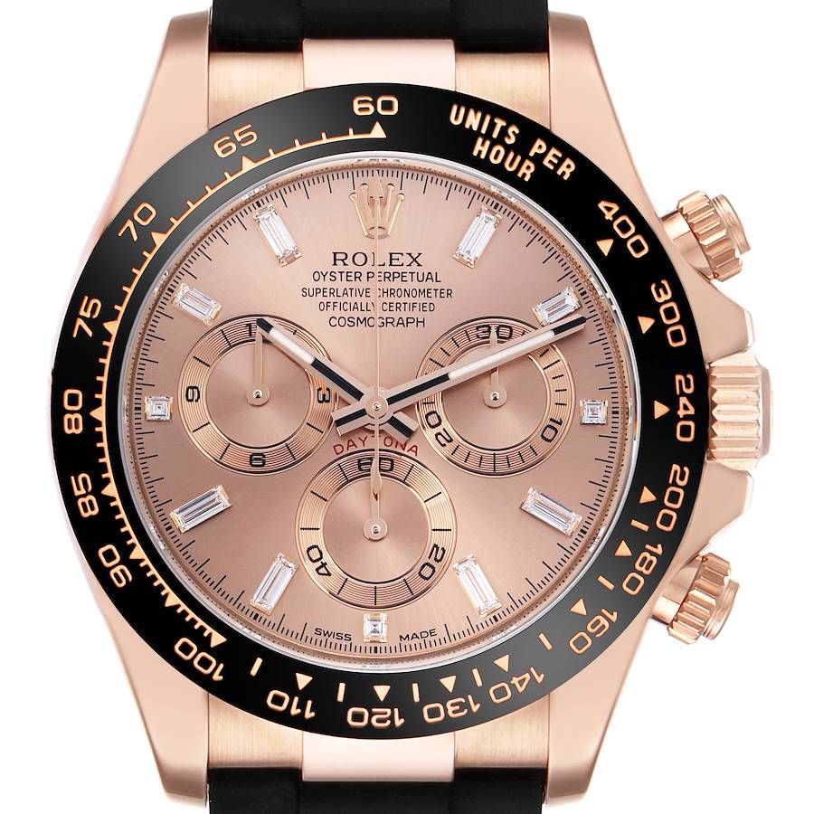 The Rolex Daytona 116515LN Men's Rose Gold Pink Dial 116515LN Men's Rose Gold Pink Dial watch is shown from a front angle, highlighting the face, bezel, and crown.