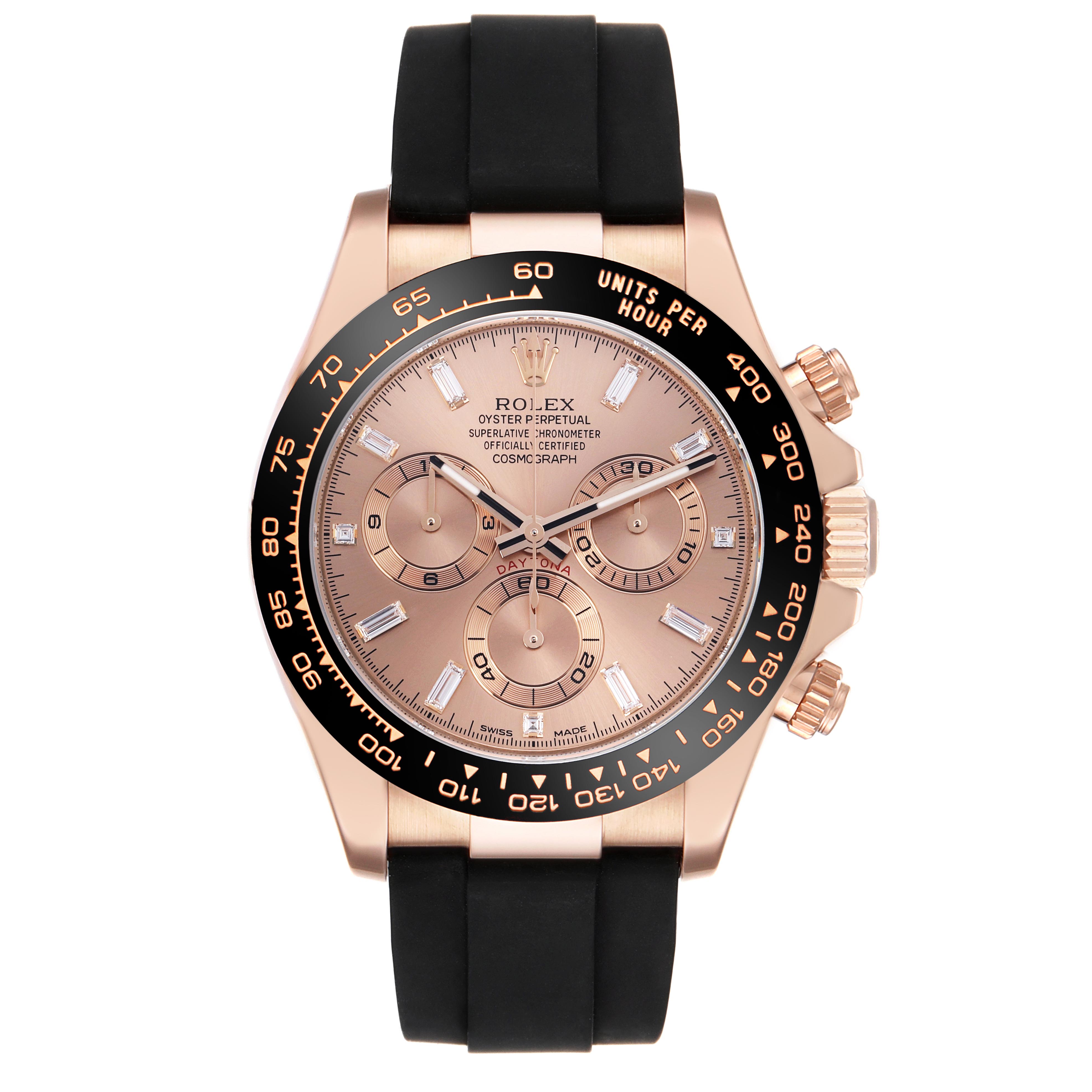 The Rolex Daytona 116515LN Men's Rose Gold Pink Dial 116515LN Men's Rose Gold Pink Dial watch is shown from a front angle, highlighting its dial, bezel, and black strap.