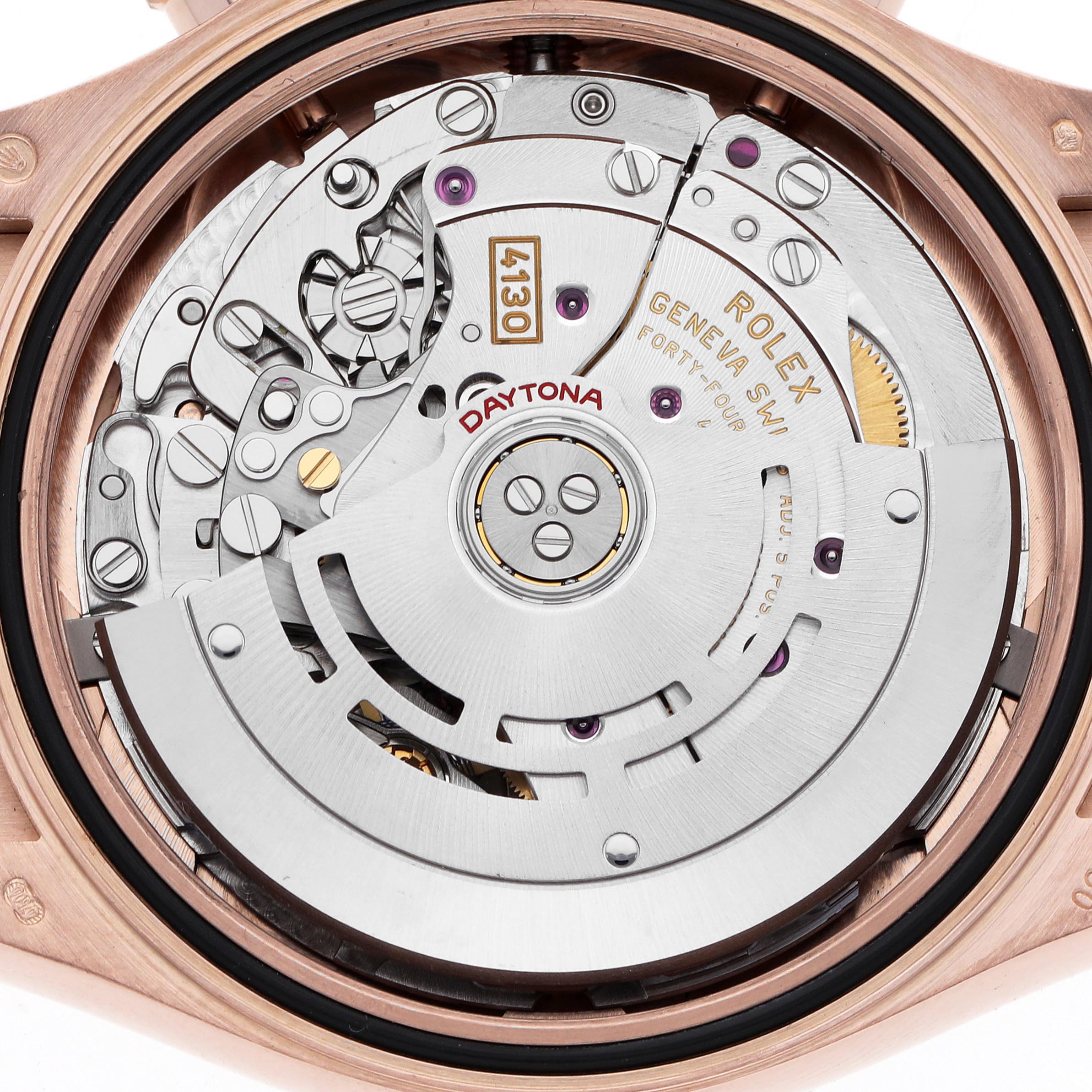 The image shows the movement of a Rolex Daytona 116515LN Men's Rose Gold Pink Dial 116515LN Men's Rose Gold Pink Dial, viewed from the back, highlighting the intricate mechanical parts.