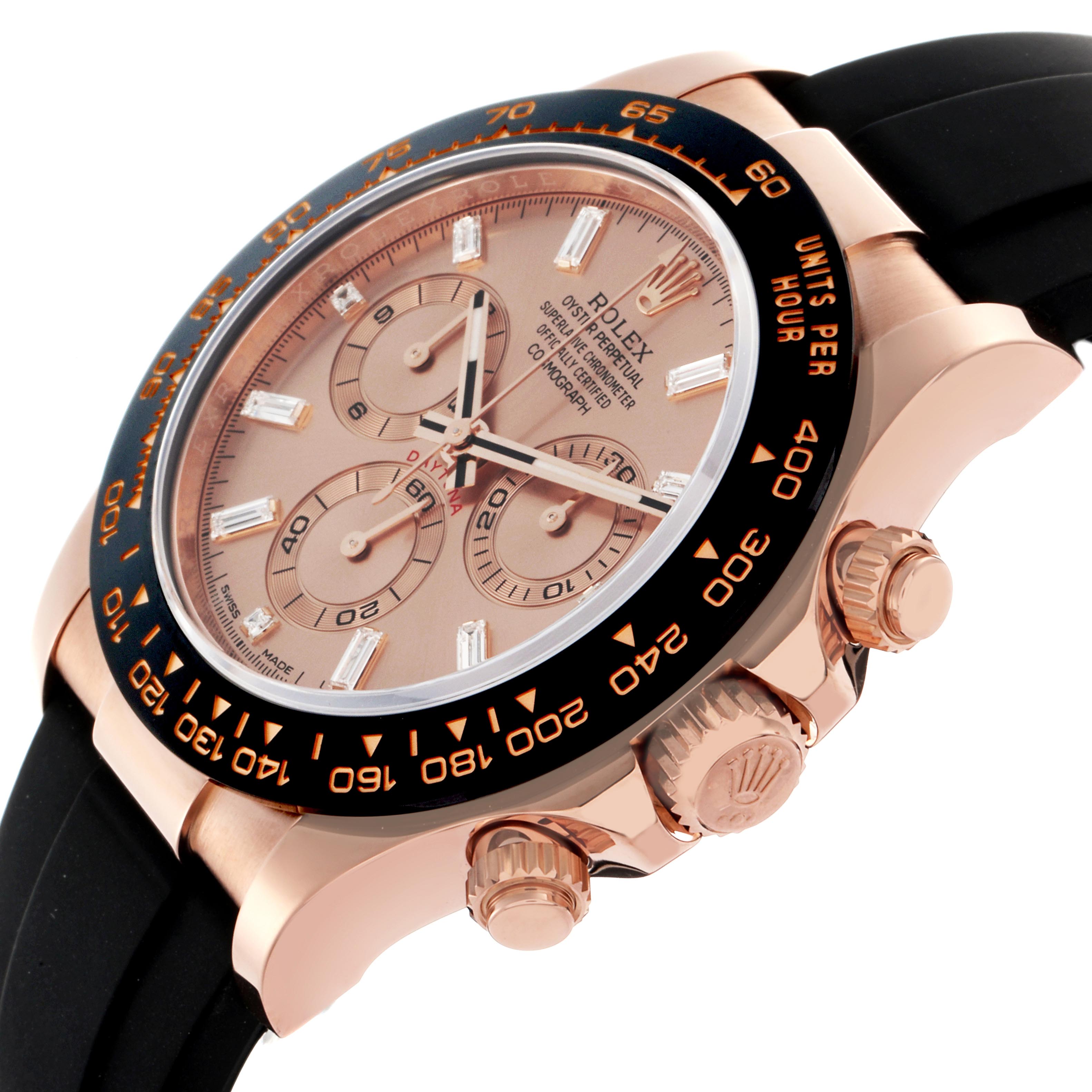 The Rolex Daytona 116515LN Men's Rose Gold Pink Dial 116515LN Men's Rose Gold Pink Dial watch is shown at an angled close-up, highlighting the bezel, chronograph dials, and crown.