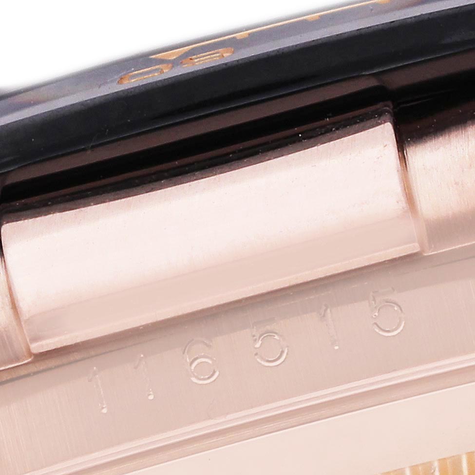 The image shows a close-up of the Rolex Daytona 116515LN Men's Rose Gold Pink Dial 116515LN Men's Rose Gold Pink Dial case side, focusing on the serial number engraving.