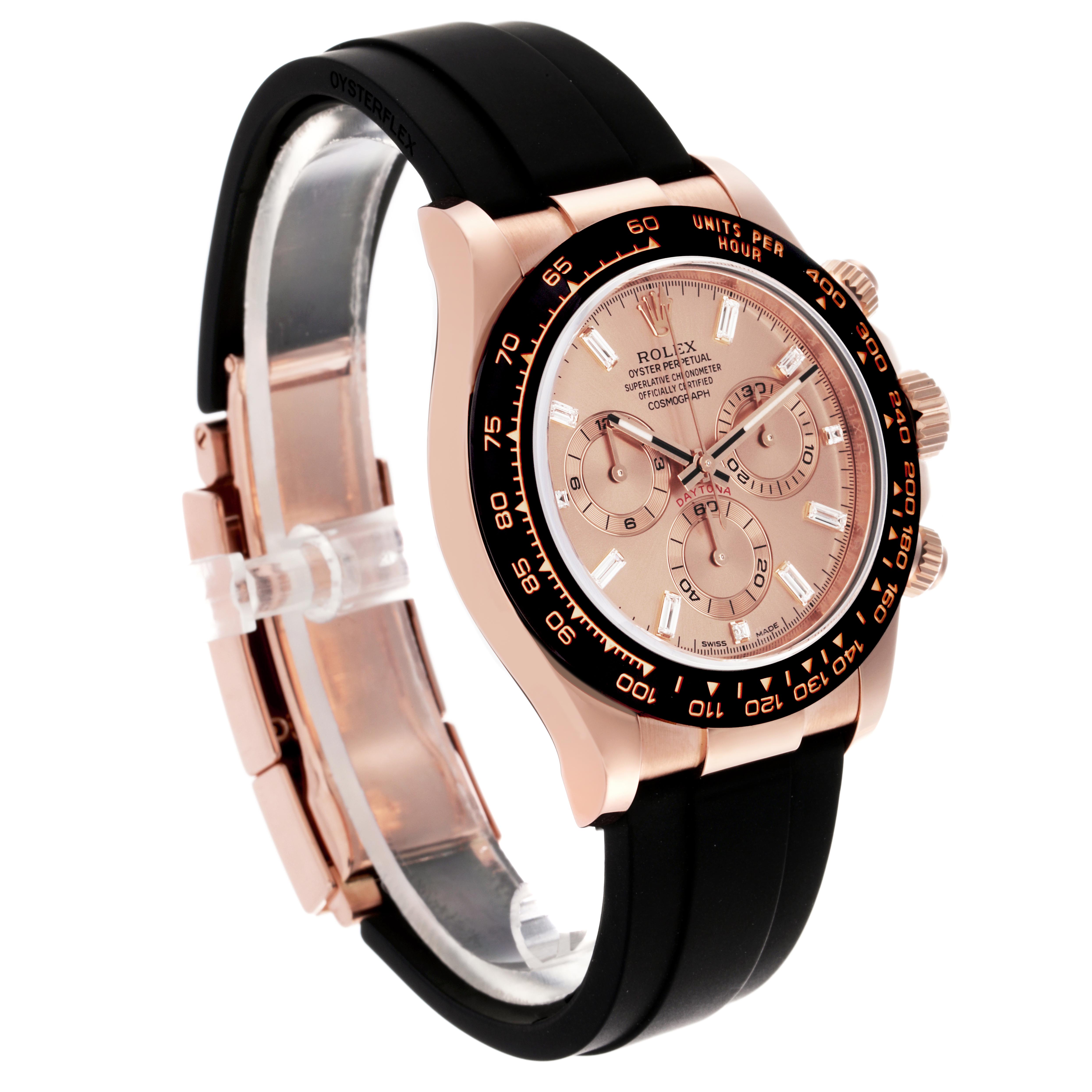 The Rolex Daytona 116515LN Men's Rose Gold Pink Dial 116515LN Men's Rose Gold Pink Dial watch is shown at a three-quarter angle, displaying its face, bezel, and part of the strap.