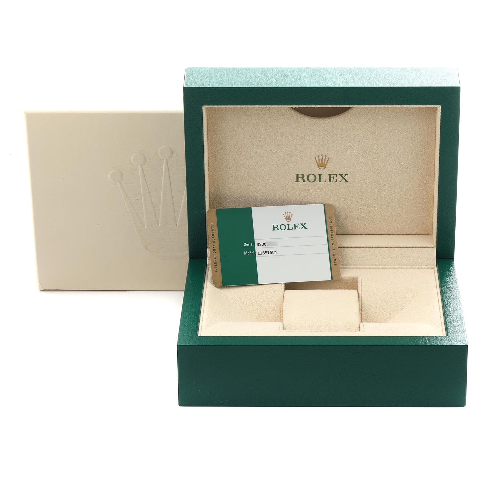 The image shows a Rolex Daytona 116515LN Men's Rose Gold Pink Dial 116515LN Men's Rose Gold Pink Dial packaging with an open green box, warranty card, and outer cover, viewed from the front.