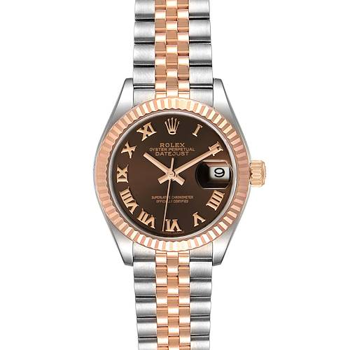 The image shows the Rolex Datejust 279171 Women's Steel and Gold (two tone) Brown Dial 279171 Women's Steel and Gold (two tone) Brown Dial watch from a front angle, highlighting the face, dial, bezel, and bracelet.