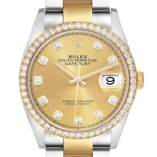 The image shows a Rolex Datejust 126283RBR Men's Steel and Gold (two tone) Champagne Dial 126283RBR Men's Steel and Gold (two tone) Champagne Dial watch front view, highlighting the gold dial, diamond hour markers, date window, and jeweled bezel.