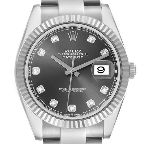The Rolex Datejust 41 126334 Men's Stainless Steel Grey Dial 126334 Men's Stainless Steel Grey Dial is shown from the front, displaying the dial, hands, fluted bezel, and bracelet.