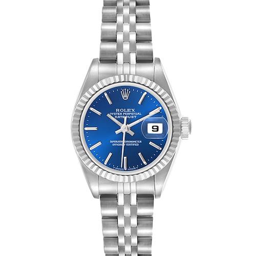 The Rolex Datejust 79174 Women's Stainless Steel Blue Dial 79174 Women's Stainless Steel Blue Dial watch is shown from a top view, displaying the blue dial, fluted bezel, and Jubilee bracelet.