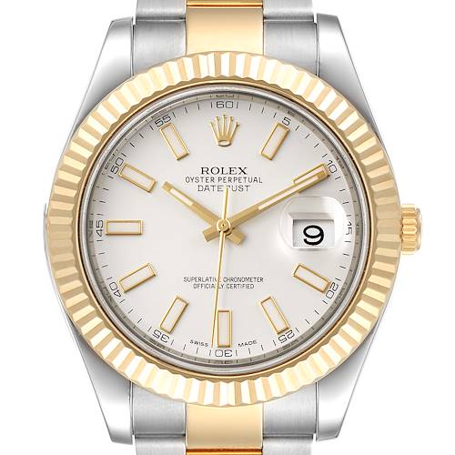 The image shows a frontal close-up view of the Rolex Datejust 41 116333 Men's Steel and Gold (two tone) Silver Dial 116333 Men's Steel and Gold (two tone) Silver Dial watch, featuring the face, bezel, and part of the bracelet.