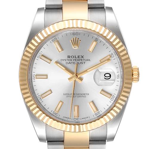 This image shows a front view of the Rolex Datejust 41 126333 Men's Steel and Gold (two tone) Silver Dial 126333 Men's Steel and Gold (two tone) Silver Dial watch, including the face, bezel, hands, crown, date window, and part of the bracelet.