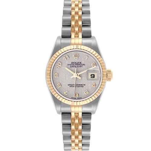 The image shows a front view of a Rolex Datejust 69173 Women's Steel and Gold (two tone) White Dial 69173 Women's Steel and Gold (two tone) White Dial watch, highlighting the dial, bezel, and bracelet.
