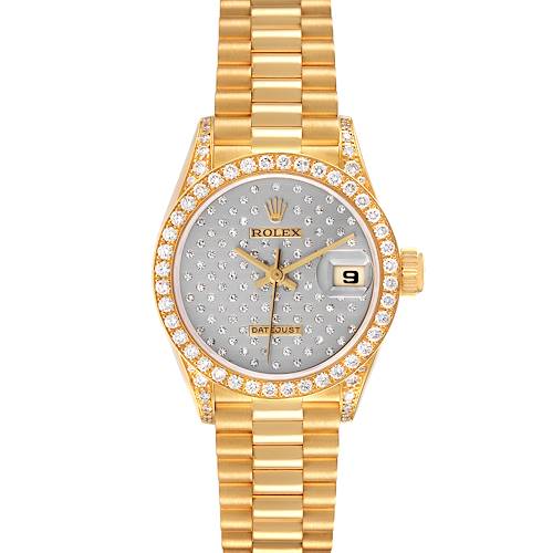 The image shows a Rolex President 69158 Women's Yellow Gold Silver Dial 69158 Women's Yellow Gold Silver Dial model watch from a front perspective, highlighting its face, bezel, and bracelet.