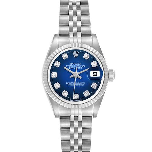 The Rolex Datejust 69174 Women's Stainless Steel Blue Dial 69174 Women's Stainless Steel Blue Dial watch is shown from a direct front angle, displaying its face, bezel, bracelet, and date window.