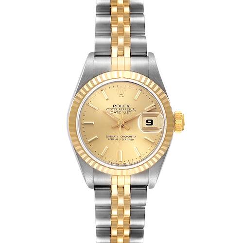 The Rolex Datejust 69173 Women's Steel and Gold (two tone) Champagne Dial 69173 Women's Steel and Gold (two tone) Champagne Dial watch is shown from a top view, highlighting the dial, bezel, crown, and bracelet.