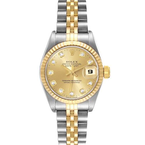 The image shows a Rolex Datejust 69173 Women's Steel and Gold (two tone) Champagne Dial 69173 Women's Steel and Gold (two tone) Champagne Dial watch from a top-down angle, highlighting the gold dial, diamond hour markers, and two-tone bracelet.