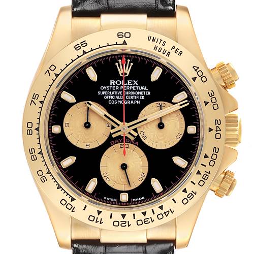 The image shows a Rolex Daytona 116518 Men's Yellow Gold Black Dial 116518 Men's Yellow Gold Black Dial watch face and case straight-on, highlighting the bezel, subdials, and crown.