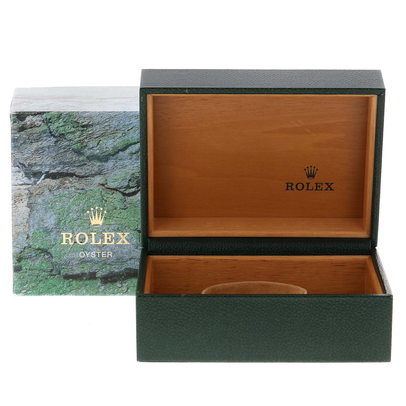 The image shows an open Rolex watch box for the GMT-Master model, displaying the interior with a cushion and the outer packaging.