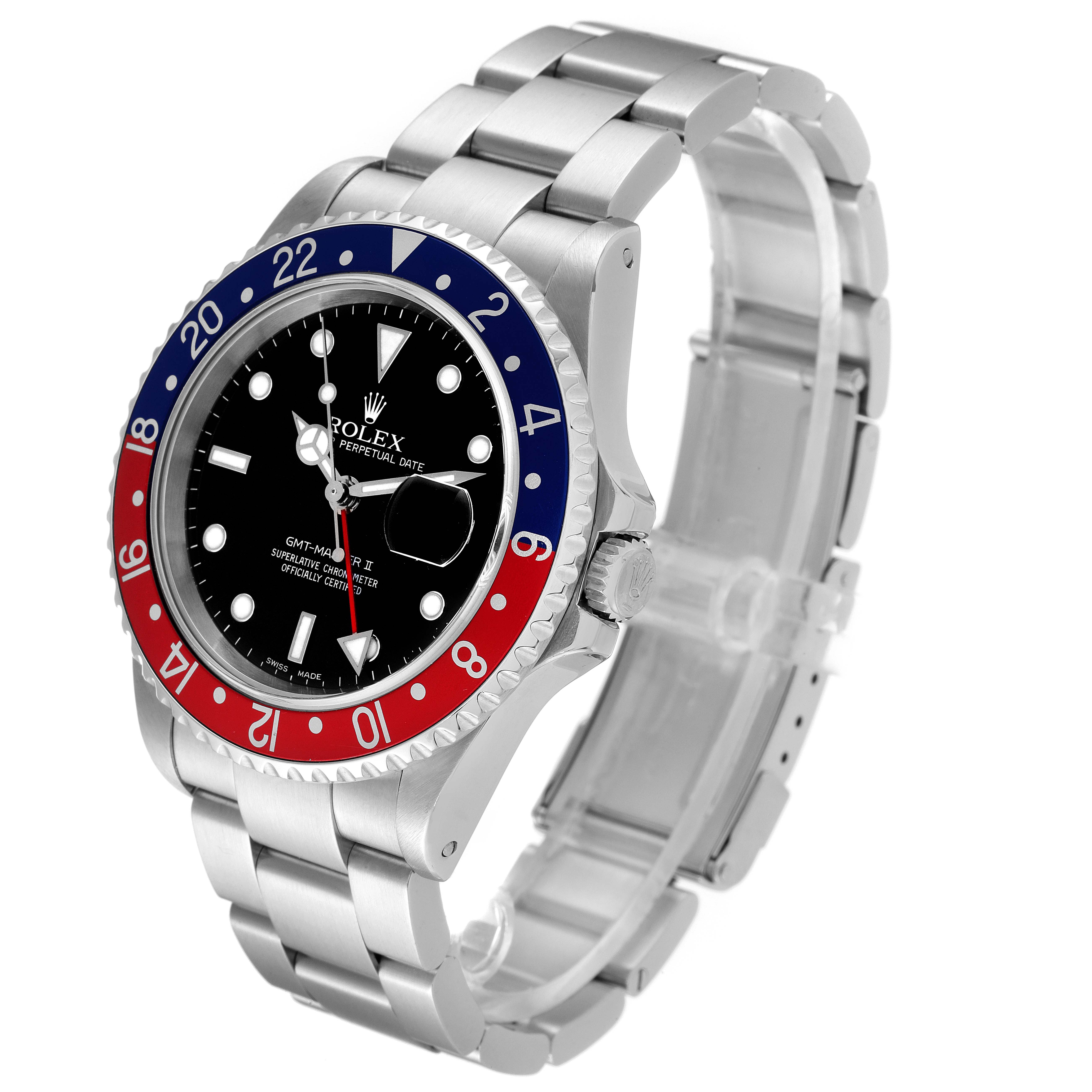 This image shows a Rolex GMT-Master 16710 Men's Stainless Steel Black Dial 16710 Men's Stainless Steel Black Dial watch at an oblique angle, highlighting its bezel, face, crown, and bracelet.