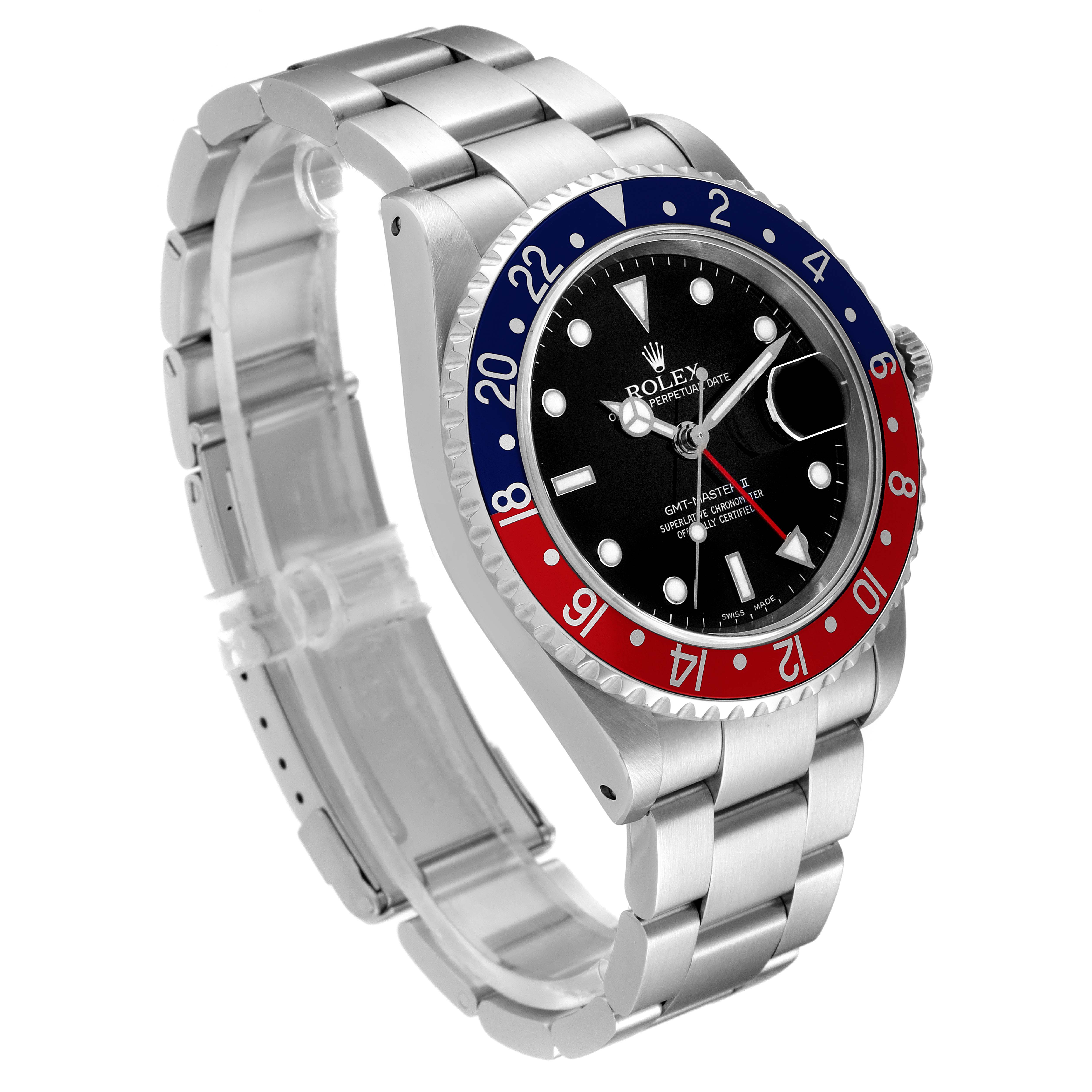 The image shows a Rolex GMT-Master 16710 Men's Stainless Steel Black Dial 16710 Men's Stainless Steel Black Dial watch at a three-quarter angle highlighting the bezel, dial, case, and bracelet.