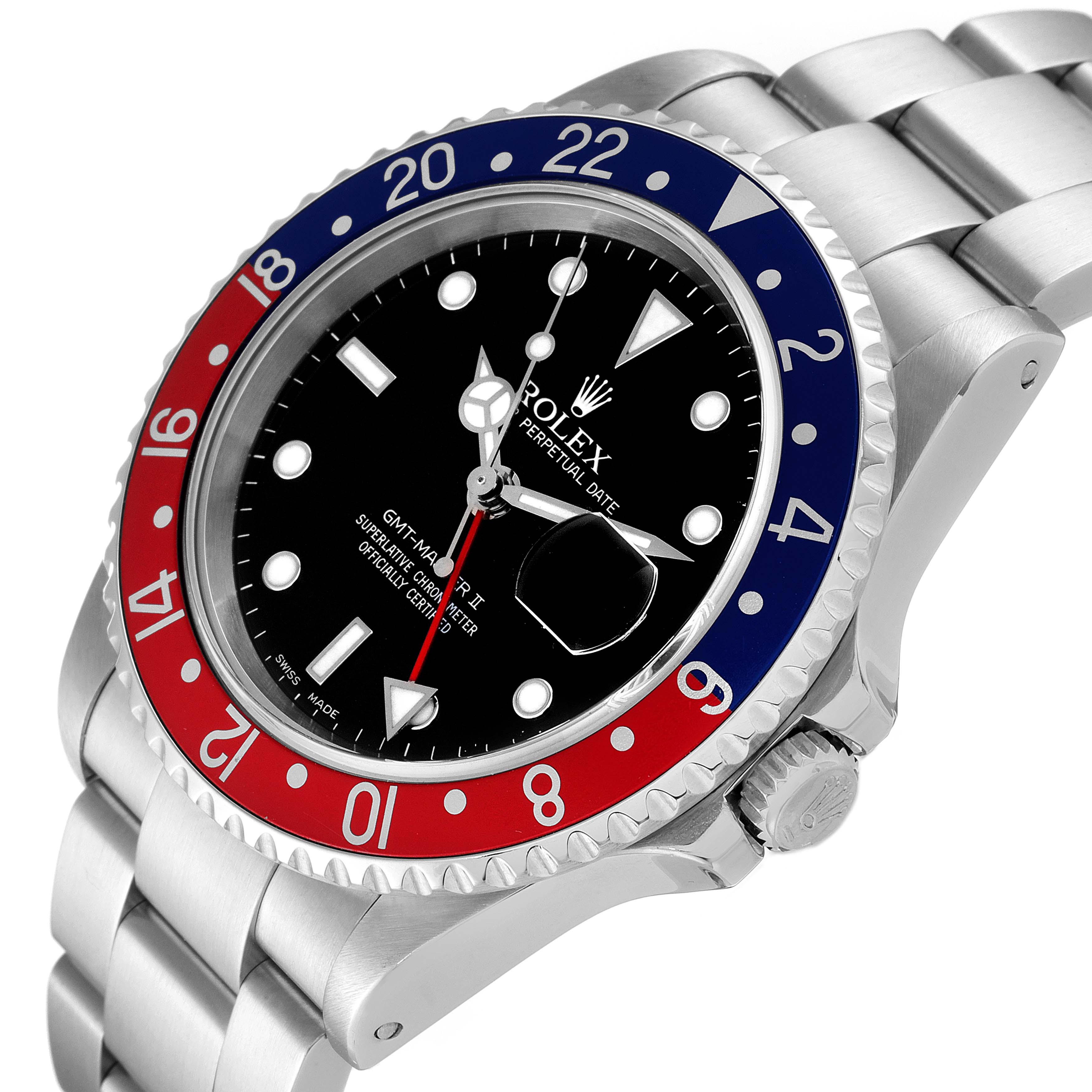 This Rolex GMT-Master 16710 Men's Stainless Steel Black Dial 16710 Men's Stainless Steel Black Dial watch is shown at a slight angle highlighting the red and blue bezel, face, and part of the metal bracelet.