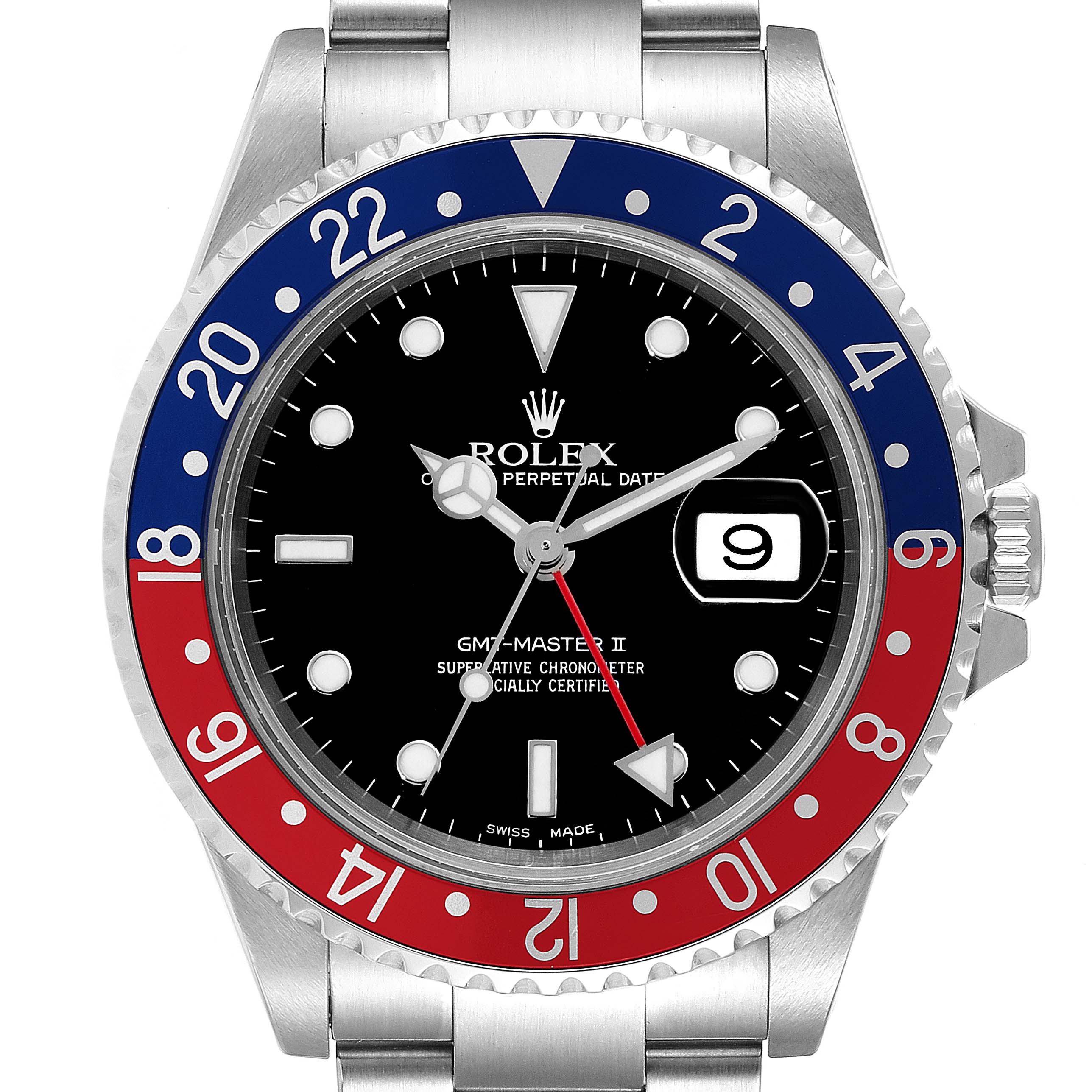 This image displays a front view of the Rolex GMT-Master 16710 Men's Stainless Steel Black Dial 16710 Men's Stainless Steel Black Dial II watch, showing its bezel, dial, hands, and bracelet.