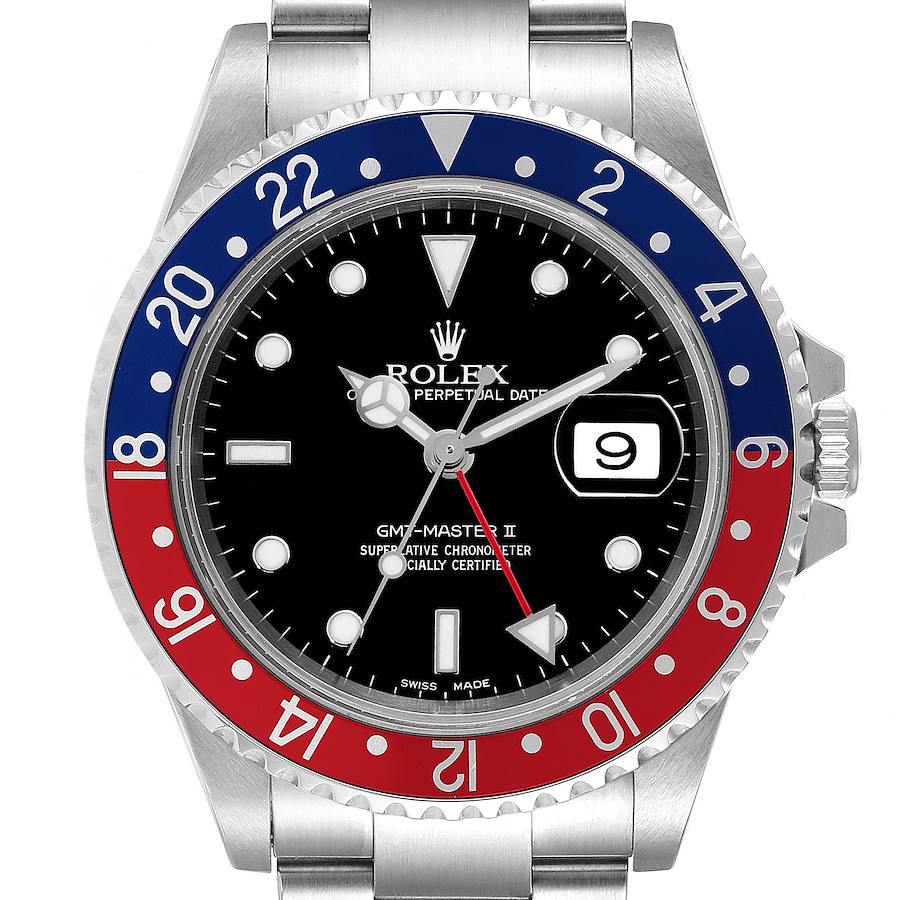 This image displays a front view of the Rolex GMT-Master 16710 Men's Stainless Steel Black Dial 16710 Men's Stainless Steel Black Dial II watch, showing its bezel, dial, hands, and bracelet.