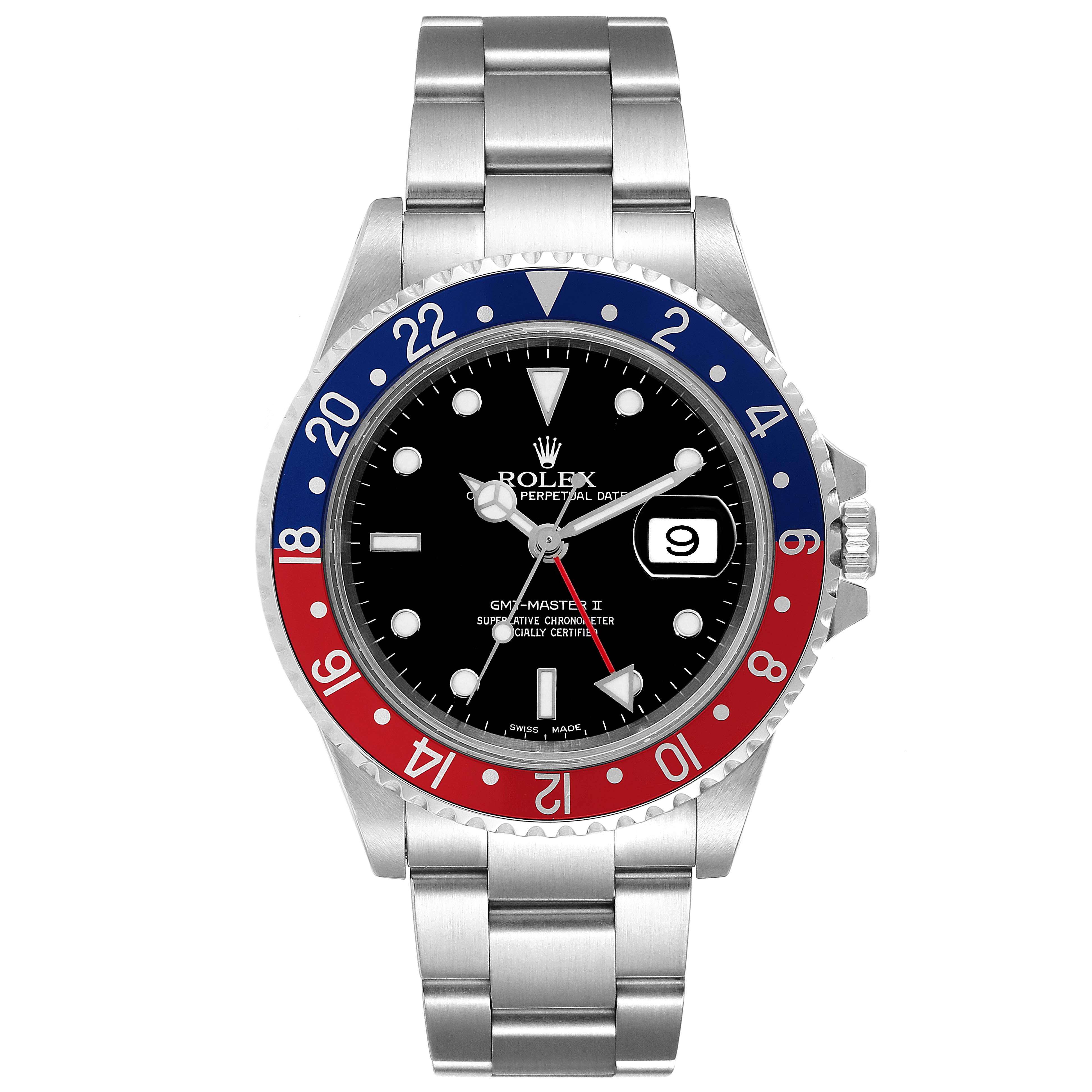 This image shows a front view of a Rolex GMT-Master 16710 Men's Stainless Steel Black Dial 16710 Men's Stainless Steel Black Dial II watch, displaying its bezel, dial, hands, date window, and bracelet.