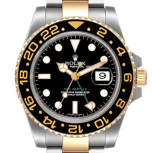 The image shows a close-up front view of a Rolex GMT-Master 116713 Men's Steel and Gold (two tone) Black Dial 116713 Men's Steel and Gold (two tone) Black Dial watch, highlighting its dial, bezel, and bracelet.