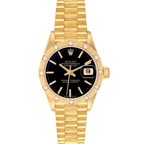 The Rolex President 69288 Women's Yellow Gold Black Dial 69288 Women's Yellow Gold Black Dial model watch is shown from the front, displaying the face, bezel, bracelet, and the date function.