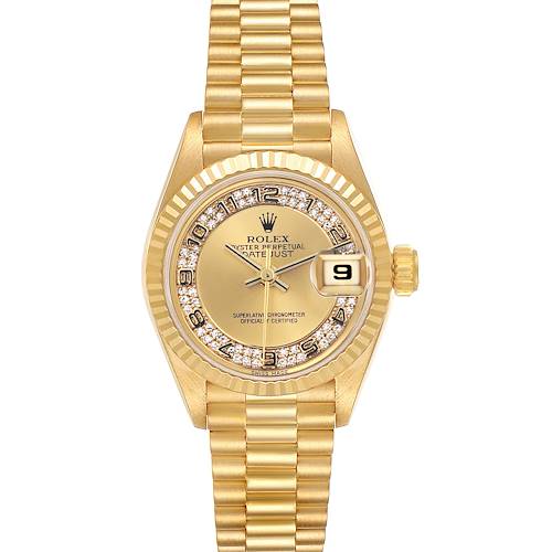 The Rolex President 69178 Women's Yellow Gold Champagne Dial 69178 Women's Yellow Gold Champagne Dial model is shown from a top view, highlighting its gold fluted bezel and diamond-accented dial.