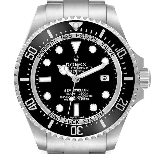 The Rolex Sea-Dweller 116660 Men's Stainless Steel Black Dial 116660 Men's Stainless Steel Black Dial watch is shown from a front angle, displaying the bezel, dial, hands, and part of the bracelet.