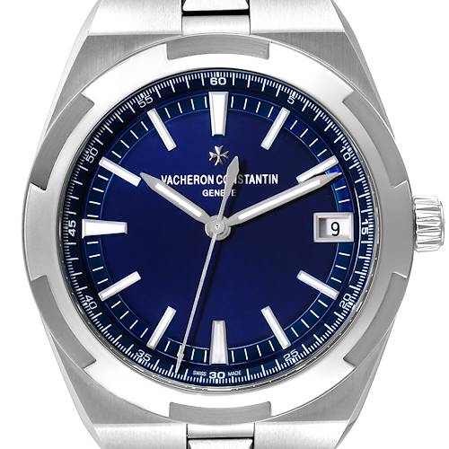 The image shows a close-up of the dial, bezel, and part of the bracelet of the Vacheron Constantin Overseas 4500V/110A-B128 Men's Stainless Steel Blue Dial 4500V/110A-B128 Men's Stainless Steel Blue Dial watch.