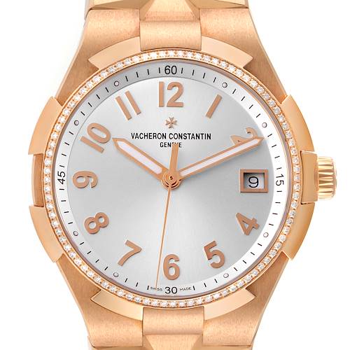 The image shows a close-up of the face and upper bracelet of the Vacheron Constantin Overseas 47560/D01R-9672 Women's Rose Gold Silver Dial 47560/D01R-9672 Women's Rose Gold Silver Dial watch.