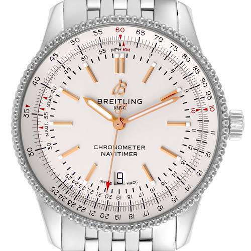 The Breitling Navitimer A17326 Men's Stainless Steel Silver Dial A17326 Men's Stainless Steel Silver Dial watch is shown from a front angle, displaying its dial, bezel, and stainless steel bracelet.