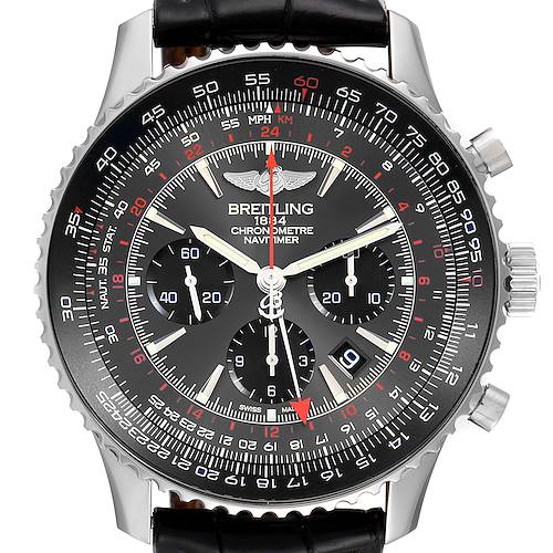 The image shows a front view of a Breitling Navitimer AB04413A-F573-441X Men's Stainless Steel Grey Dial AB04413A-F573-441X Men's Stainless Steel Grey Dial watch, displaying its detailed dial, chronograph, and bezel.