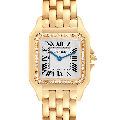 The Cartier Panthere WJPN0016 Women's Yellow Gold Silver Dial WJPN0016 Women's Yellow Gold Silver Dial watch is shown from the front, highlighting its square face, gold bracelet, and diamond-set bezel.