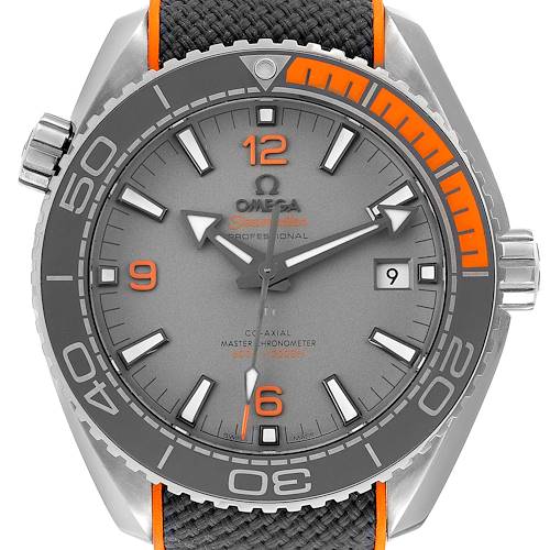 The image shows a front view of the Omega Planet Ocean 215.92.44.21.99.001 Men's Titanium Grey Dial 215.92.44.21.99.001 Men's Titanium Grey Dial watch featuring its face, bezel, and strap.