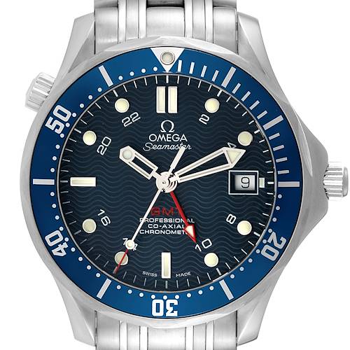 The image shows a front view of the Omega Seamaster 2535.80.00 Men's Stainless Steel Blue Dial 2535.80.00 Men's Stainless Steel Blue Dial watch, highlighting its dial, bezel, and metal bracelet.