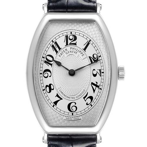 The Patek Philippe Gondolo 5098P-001 Men's Platinum Silver Dial 5098P-001 Men's Platinum Silver Dial watch is shown from a front angle, highlighting its dial, numerals, bezel, and crown.