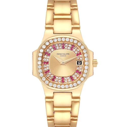 The Patek Philippe Nautilus 4700/153 Women's Yellow Gold Champagne Dial 4700/153 Women's Yellow Gold Champagne Dial watch is shown from a front angle, highlighting its gold case, diamond and ruby bezel, and integrated bracelet.