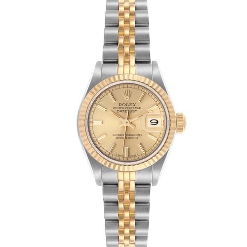 The Rolex Datejust 69173 Women's Steel and Gold (two tone) Champagne Dial 69173 Women's Steel and Gold (two tone) Champagne Dial watch is shown from a front angle, displaying the dial, bezel, and part of the bracelet.